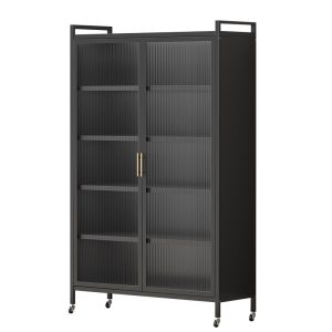 Mobile Kitchen Storage Cabinet with Glass Doors-001