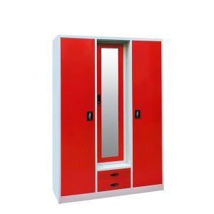 3-Door Steel Wardrobe with Mirror and Drawers