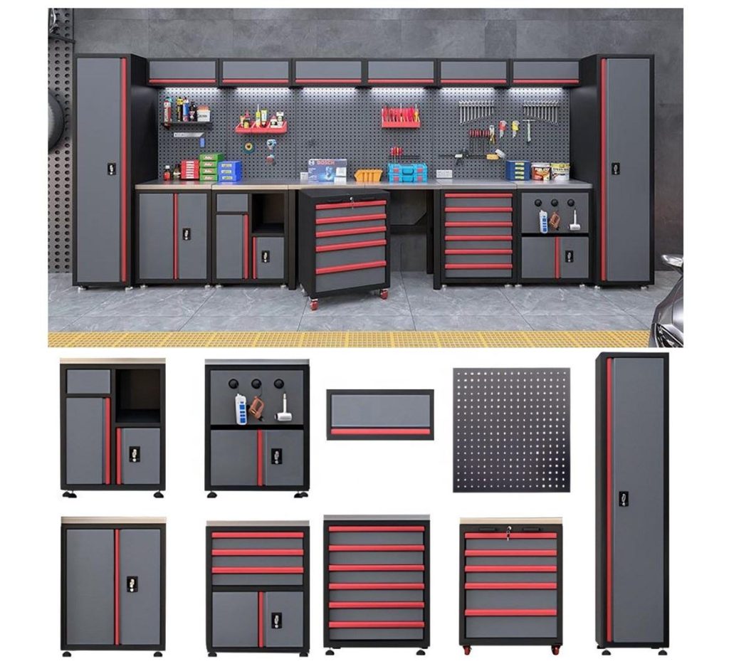 Workshop Tool Set Rack Modular Garage Tool Cabinet Set with Lockable Drawers and Pegboard ...