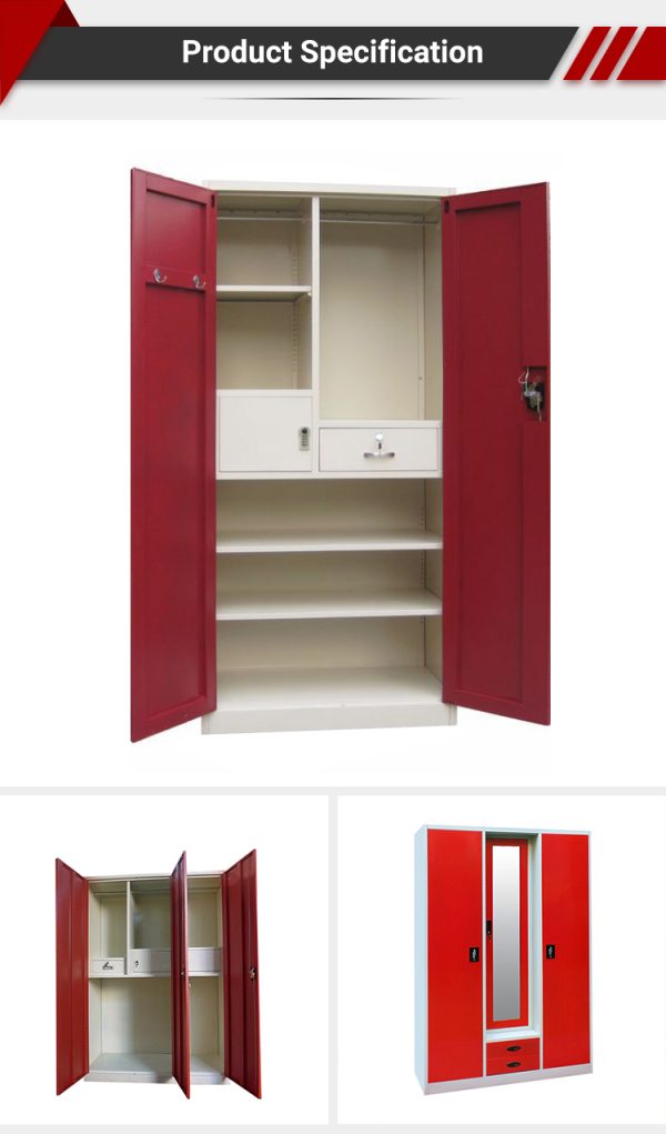 3-Door Steel Wardrobe with Mirror and Drawers