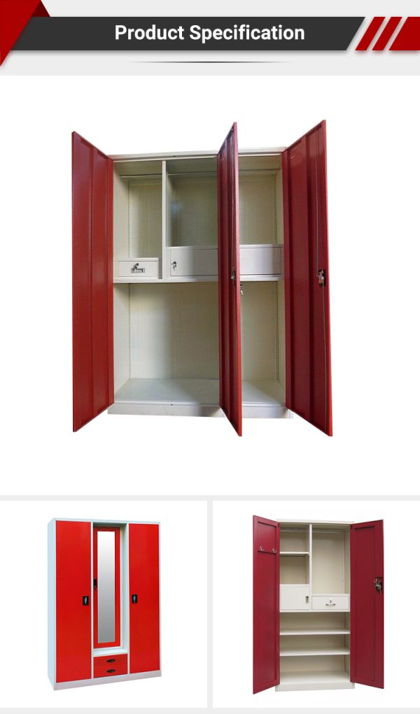 3-Door Steel Wardrobe with Mirror and Drawers
