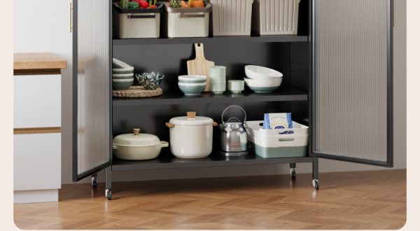 Mobile Kitchen Storage Cabinet with Glass Doors-001