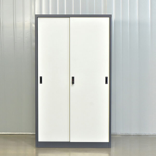Grey sliding-door filing cabinet