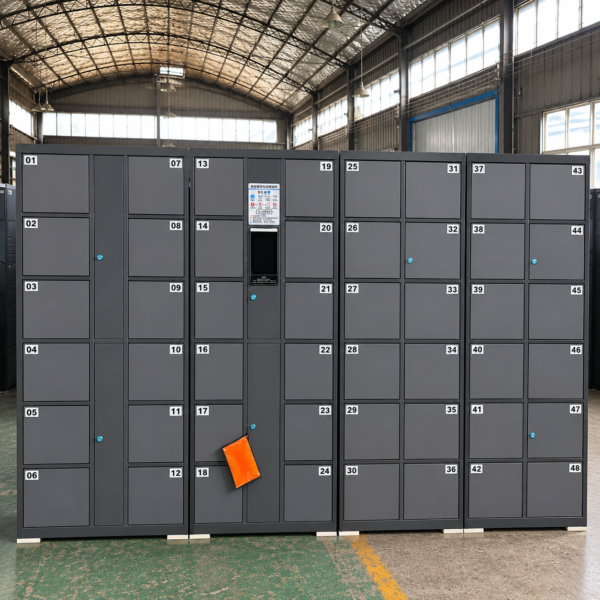24-compartment smart electronic locker supporting 4G and Wi-Fi for remote control; customizable dimensions and colors.