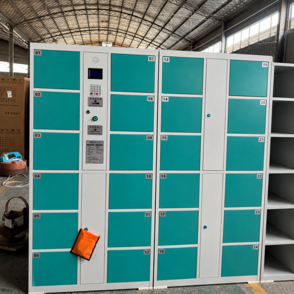 Smart Locker,9 door steel storage locker with electronic locks, offering 24-hour self-service storage and supporting payment via credit card, banknotes, and QR code.