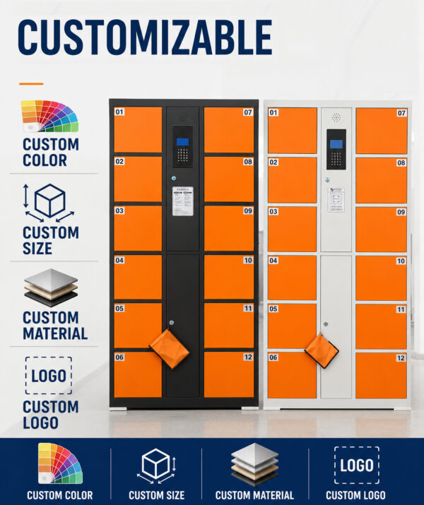 24-compartment smart electronic locker supporting 4G and Wi-Fi for remote control; customizable dimensions and colors.