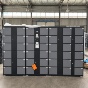 Smart Storage Lockers, Steel storage cabinets featuring a self-service deposit and retrieval system, with assignable users and locker compartments