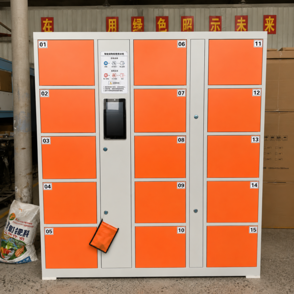 Smart Locker,9 door steel storage locker with electronic locks, offering 24-hour self-service storage and supporting payment via credit card, banknotes, and QR code.