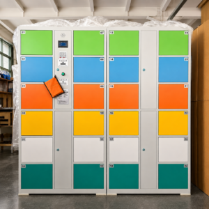 24-compartment smart electronic locker supporting 4G and Wi-Fi for remote control; customizable dimensions and colors.