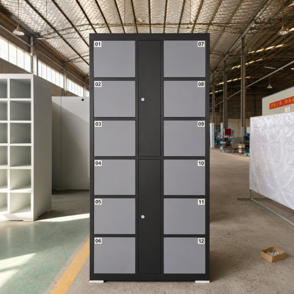 Smart Locker,9 door steel storage locker with electronic locks, offering 24-hour self-service storage and supporting payment via credit card, banknotes, and QR code.
