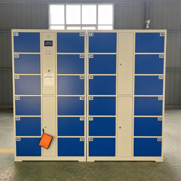 24-compartment smart electronic locker supporting 4G and Wi-Fi for remote control; customizable dimensions and colors.