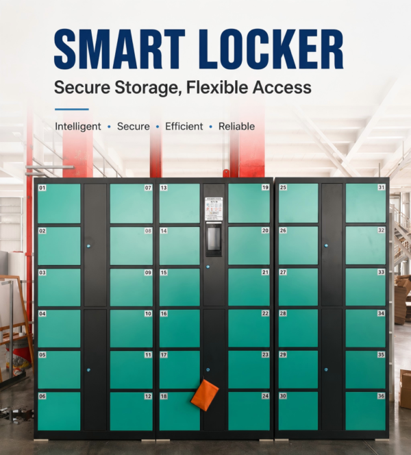 24-compartment smart electronic locker supporting 4G and Wi-Fi for remote control; customizable dimensions and colors.